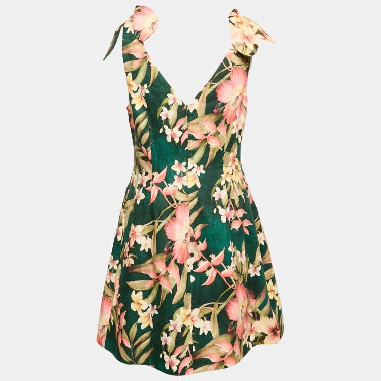 مملوكة مسبقًا Zimmermann Green Floral Print Linen Tie-Up Detail Lexi Mini Dress M