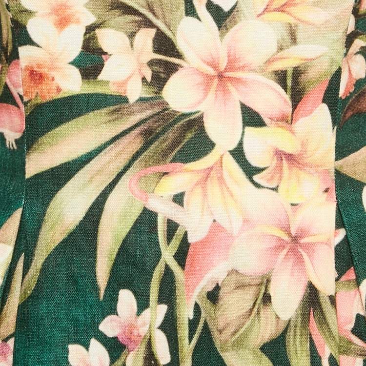 مملوكة مسبقًا Zimmermann Green Floral Print Linen Tie-Up Detail Lexi Mini Dress M
