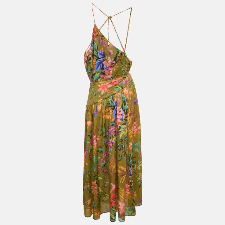 Pre Owned Zimmermann Green Tropical Print Cotton Asymmetric Long Dress M