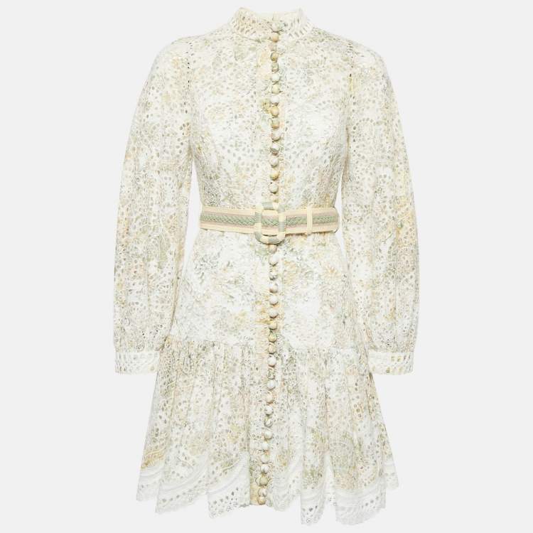 Pre Owned Zimmermann Beige Floral Broderie Anglaise Linen Mini Dress M