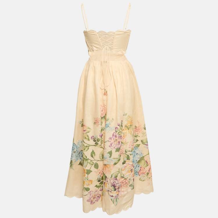 Pre Owned Zimmermann Peach/Orange Floral Print Scallop Detail Halliday Midi Dress M