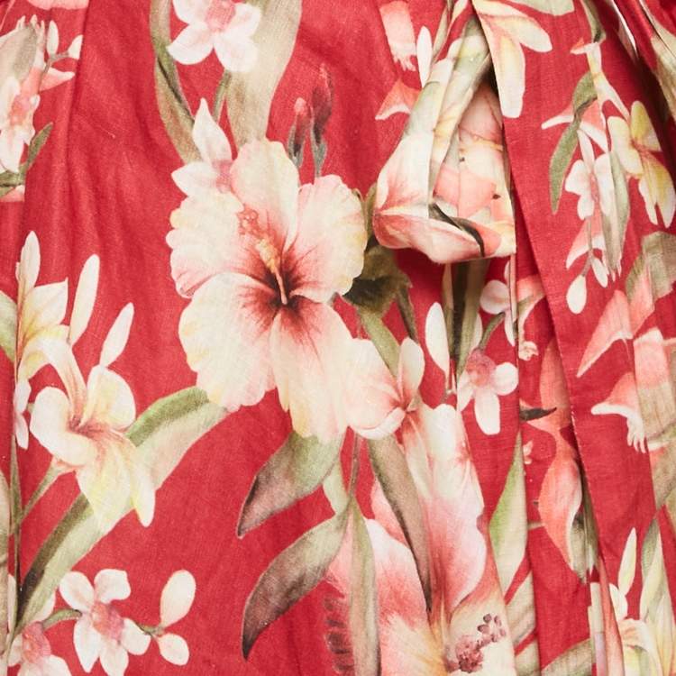Pre Owned Zimmermann Red Floral Print Linen Lexi Wrap Long Dress S