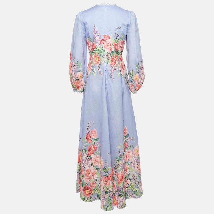 مملوكة مسبقًا Zimmermann Blue Floral Linen Bellitude Midi Dress M