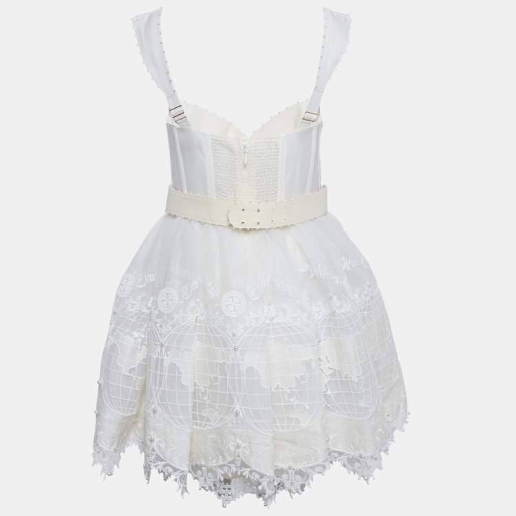 مملوكة مسبقًا Zimmermann White Map Embroidered Tulle and Linen High-Tide Mini Dress M