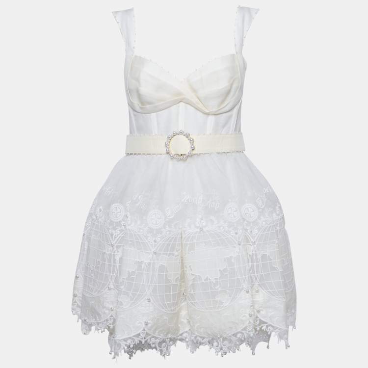 مملوكة مسبقًا Zimmermann White Map Embroidered Tulle and Linen High-Tide Mini Dress M