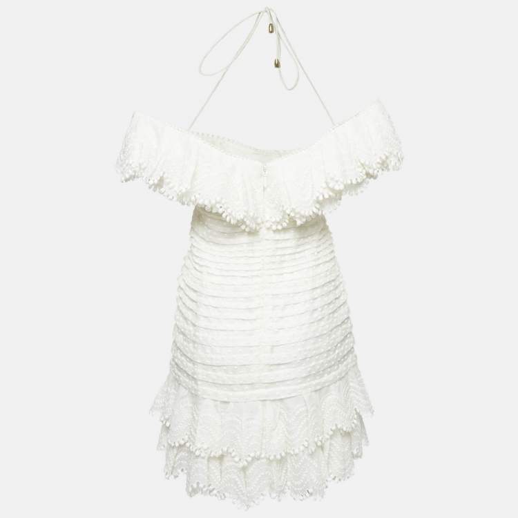 Pre Owned Zimmermann White Linen Blend Super Eight Off-The-Shoulder Mini Dress M