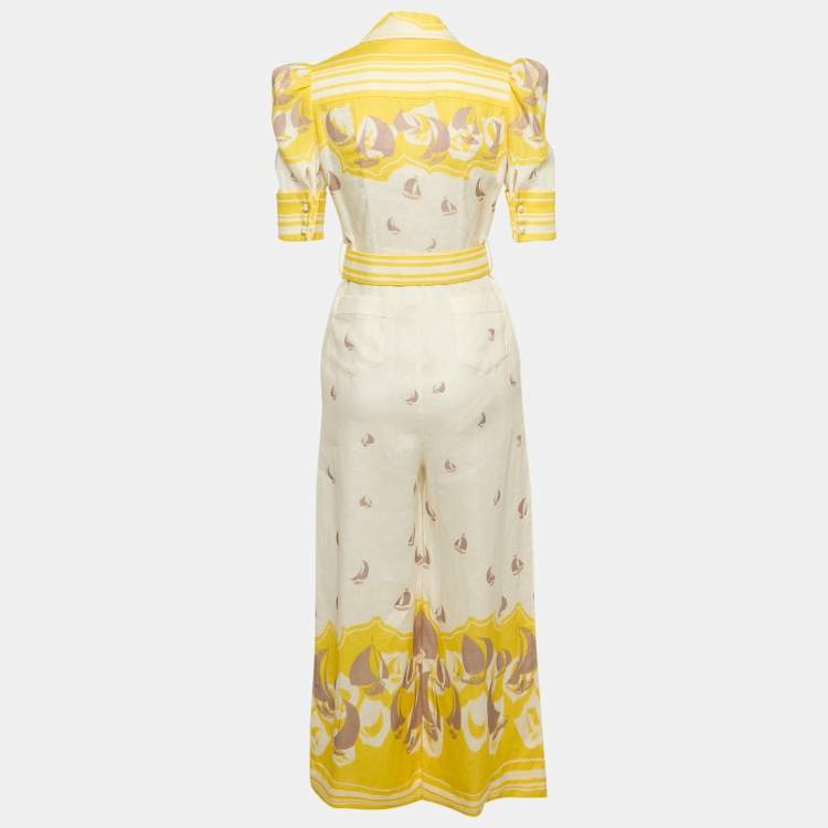 Pre Owned Zimmermann White/Yellow High Tide Linen Belted Jumpsuit S