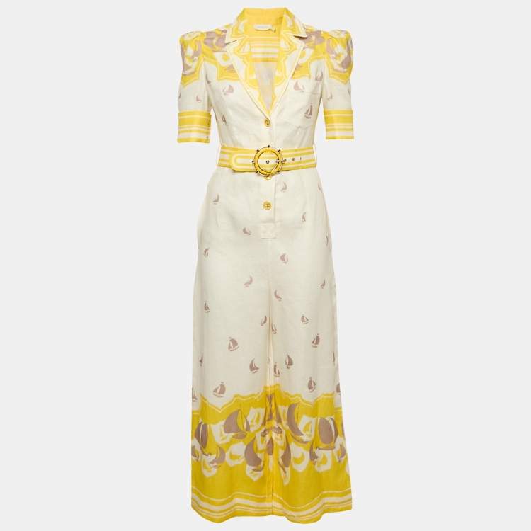 Pre Owned Zimmermann White/Yellow High Tide Linen Belted Jumpsuit S