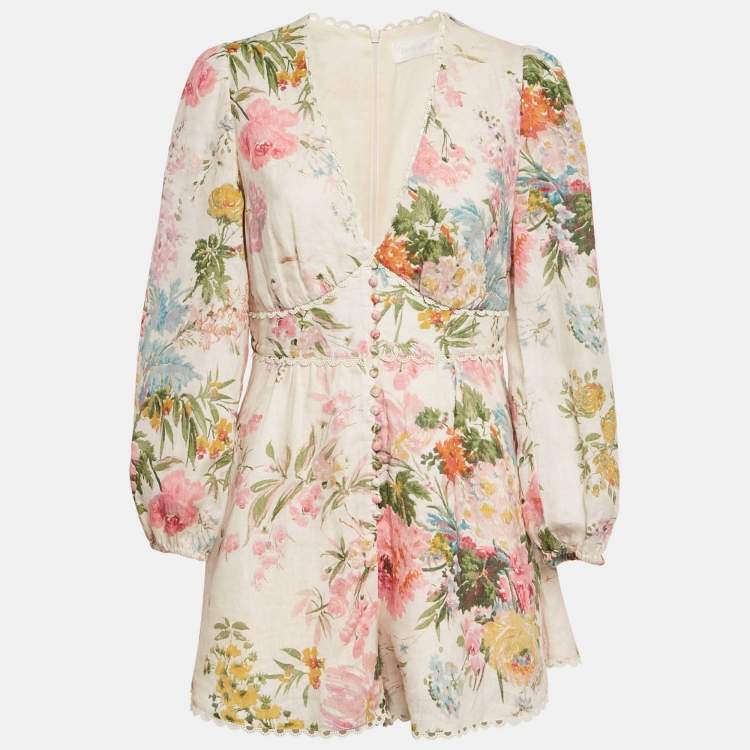 Pre Owned Zimmermann Pink Floral Print Linen Jumpsuit M