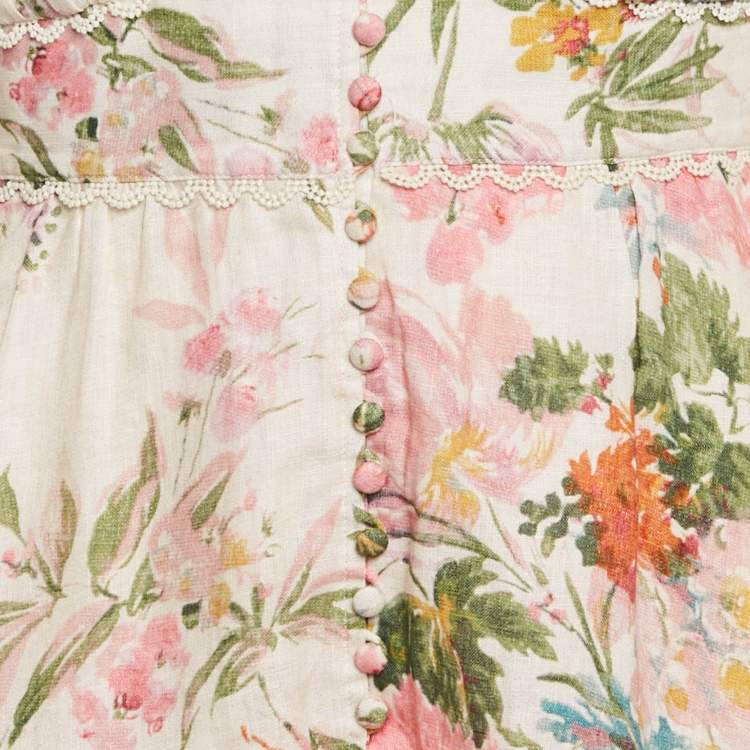 Pre Owned Zimmermann Pink Floral Print Linen Jumpsuit M
