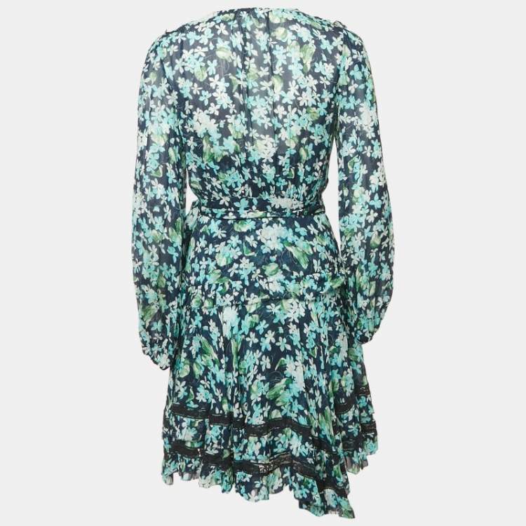 Pre Owned Zimmermann Blue Floral Print Crepe Ruffled  Wrap Mini Dress S
