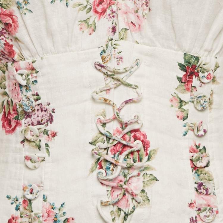 Pre Owned Zimmermann White Floral Print Linen Honour Corset Mini Dress M