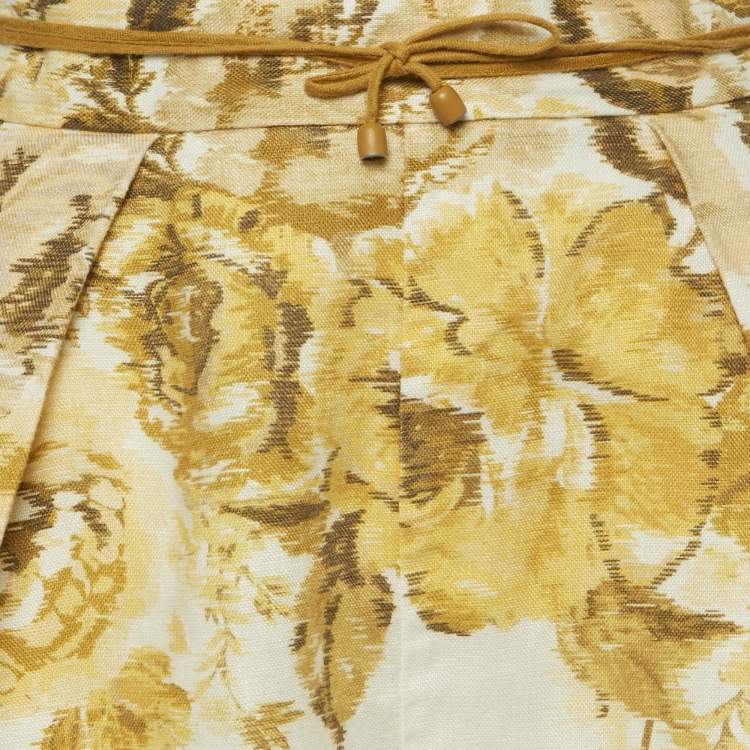 Pre Owned Zimmermann Yellow Floral Print Linen Aliane Scallop Shorts M