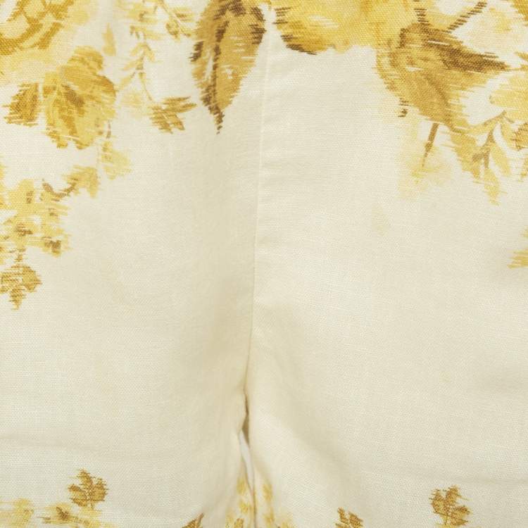 Pre Owned Zimmermann Yellow Floral Print Linen Aliane Scallop Shorts M