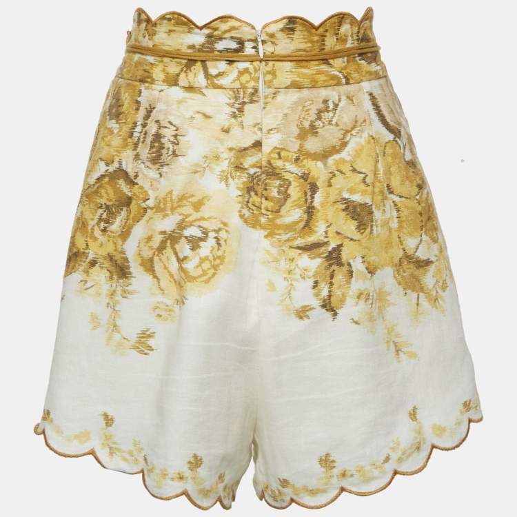 Pre Owned Zimmermann Yellow Floral Print Linen Aliane Scallop Shorts M