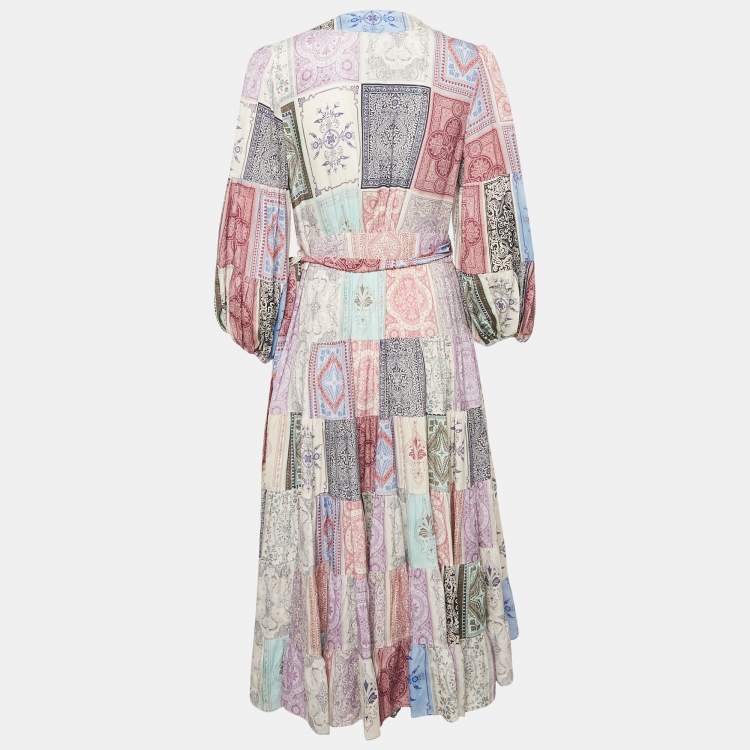 Pre Owned Zimmermann Lavender Floral Print Crepe Tiered Midi Wrap Dress M