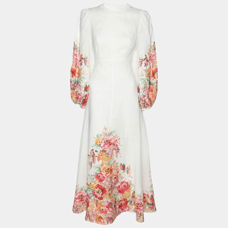Pre Owned Zimmermann White Floral Print Linen Maxi Dress XS