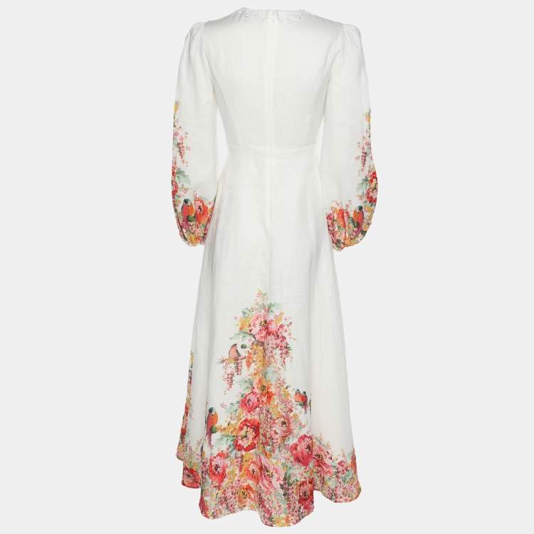 Pre Owned Zimmermann White Floral Print Linen Maxi Dress XS
