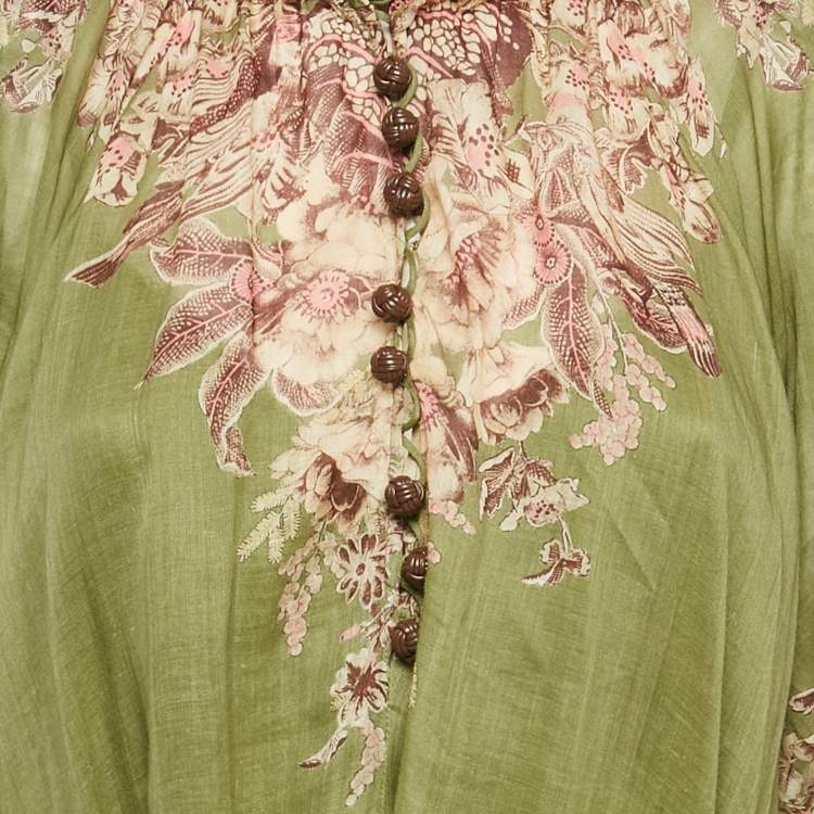 Pre Owned Zimmermann Green Printed Linen Belted Maxi Dress M