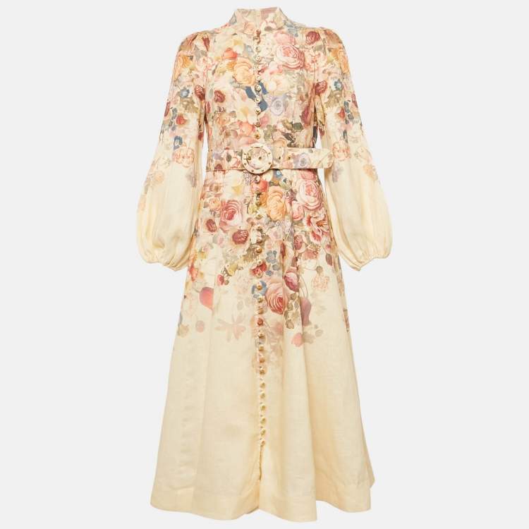 مملوكة مسبقًا Zimmermann Beige Floral Print Linen Belted Midi Dress M