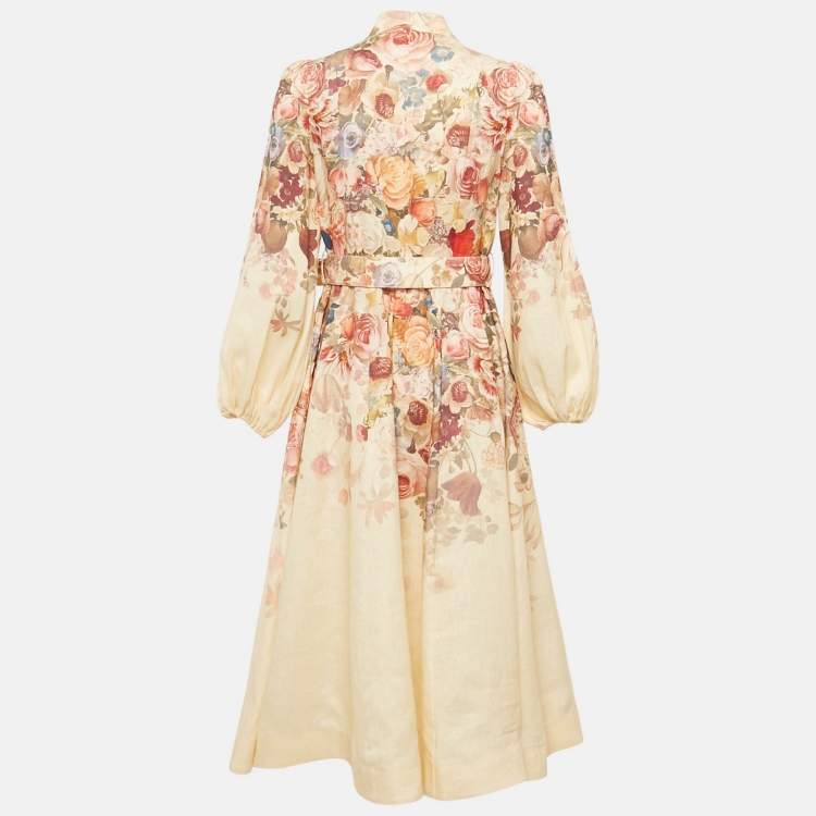 مملوكة مسبقًا Zimmermann Beige Floral Print Linen Belted Midi Dress M