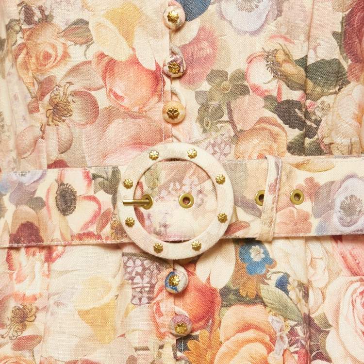 مملوكة مسبقًا Zimmermann Beige Floral Print Linen Belted Midi Dress M