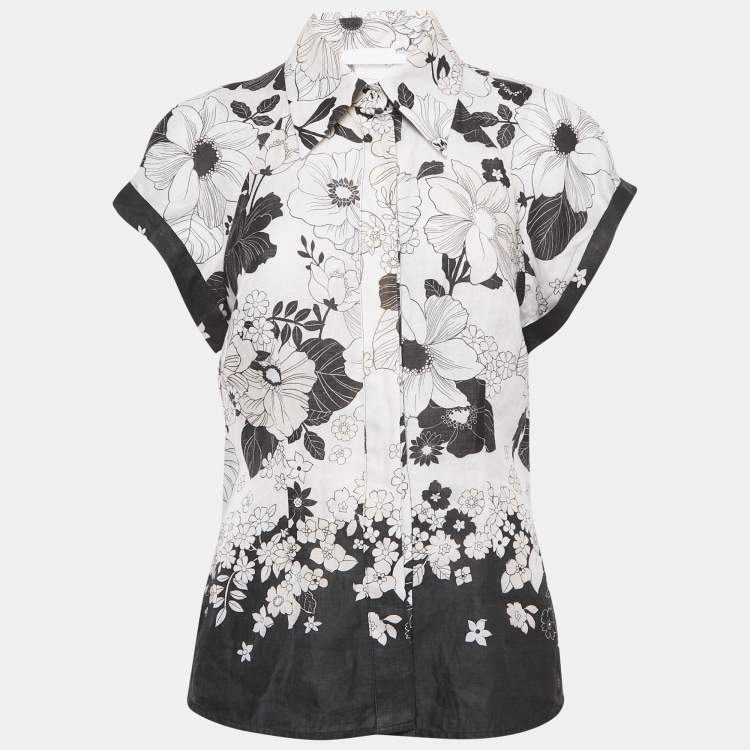 Pre Owned Zimmermann White Floral Print Linen Button Front Blouse L