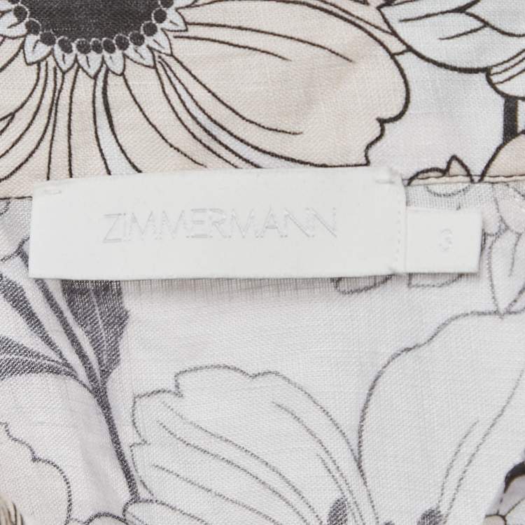 Pre Owned Zimmermann White Floral Print Linen Button Front Blouse L