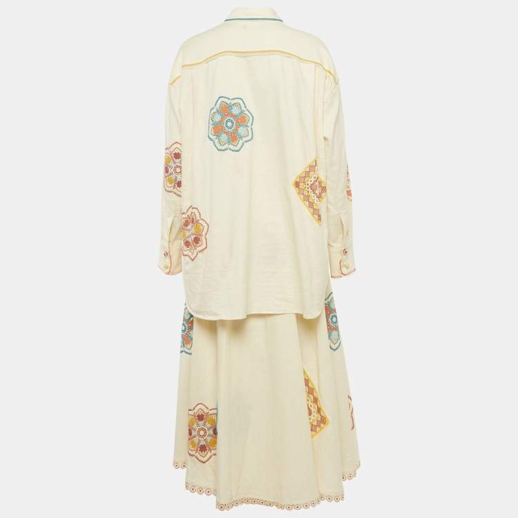 Pre Owned Zimmermann Cream Ottie Lace Trim Cotton Shirt and Skirt Set M/L