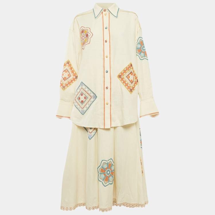 Pre Owned Zimmermann Cream Ottie Lace Trim Cotton Shirt and Skirt Set M/L
