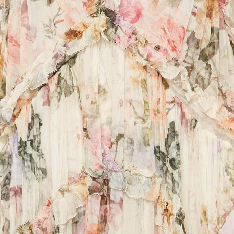 Pre Owned Zimmermann Beige Floral Print Silk Tiered Mini Dress S