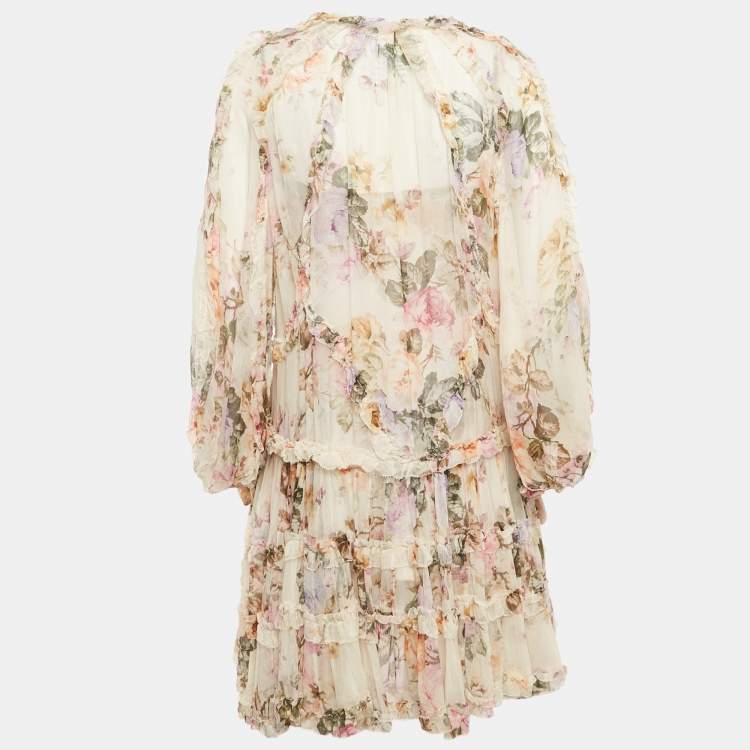 Pre Owned Zimmermann Beige Floral Print Silk Tiered Mini Dress S