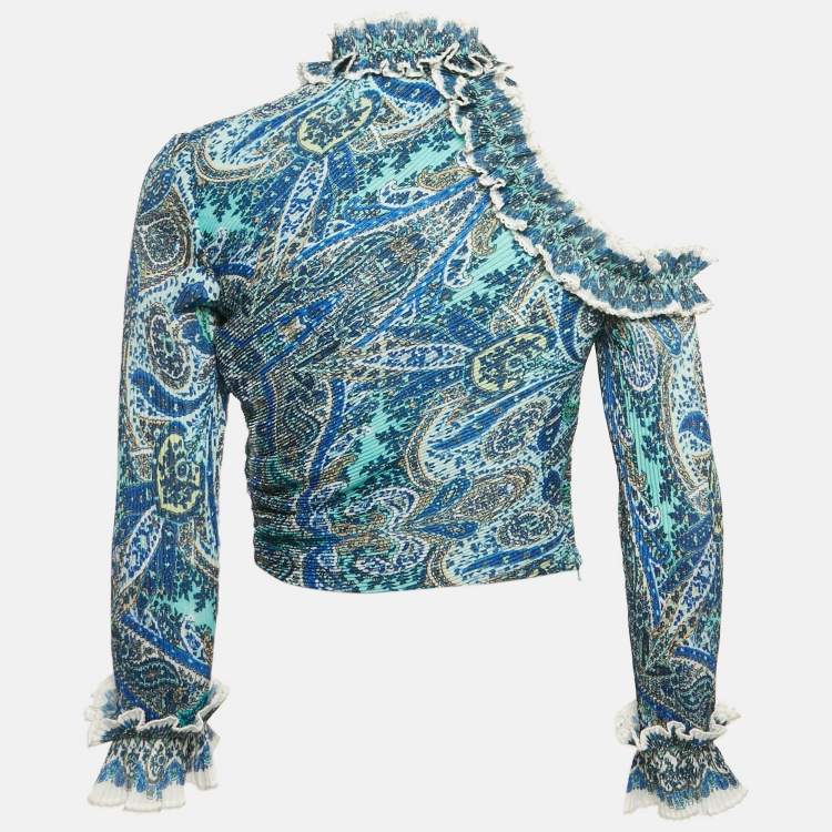 Pre Owned Zimmermann Blue Printed Plisse Ruffled Top S
