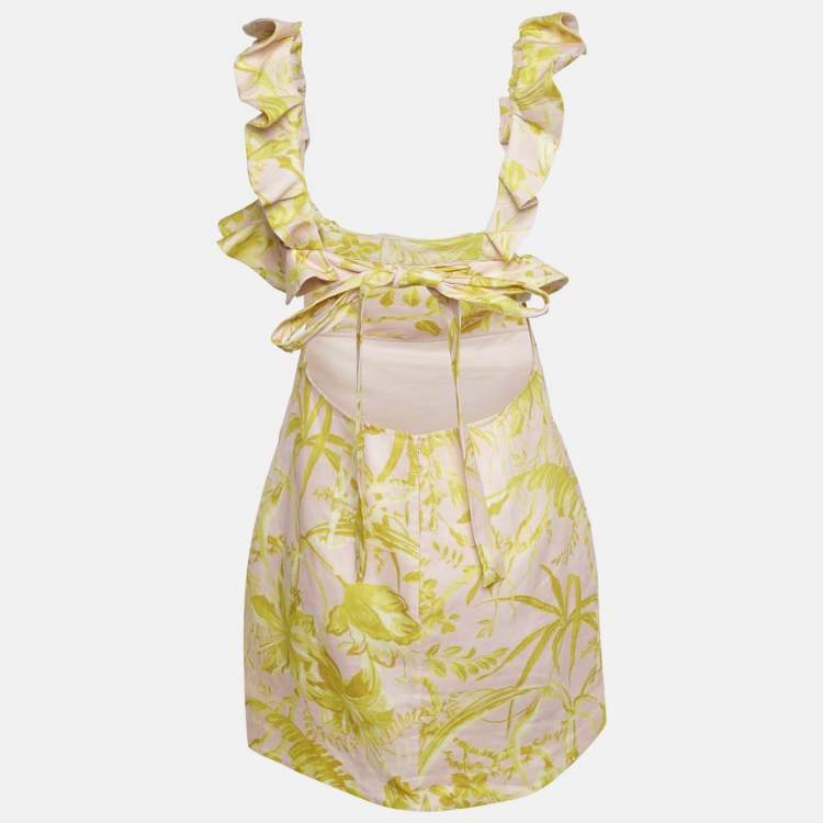 Pre Owned Zimmermann Pink/Yellow Printed Linen Ruffled Cut-Out Mini Dress M