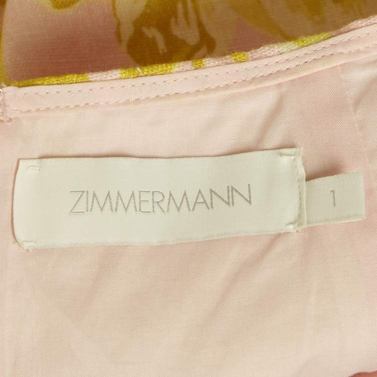 Pre Owned Zimmermann Pink/Yellow Printed Linen Ruffled Cut-Out Mini Dress M