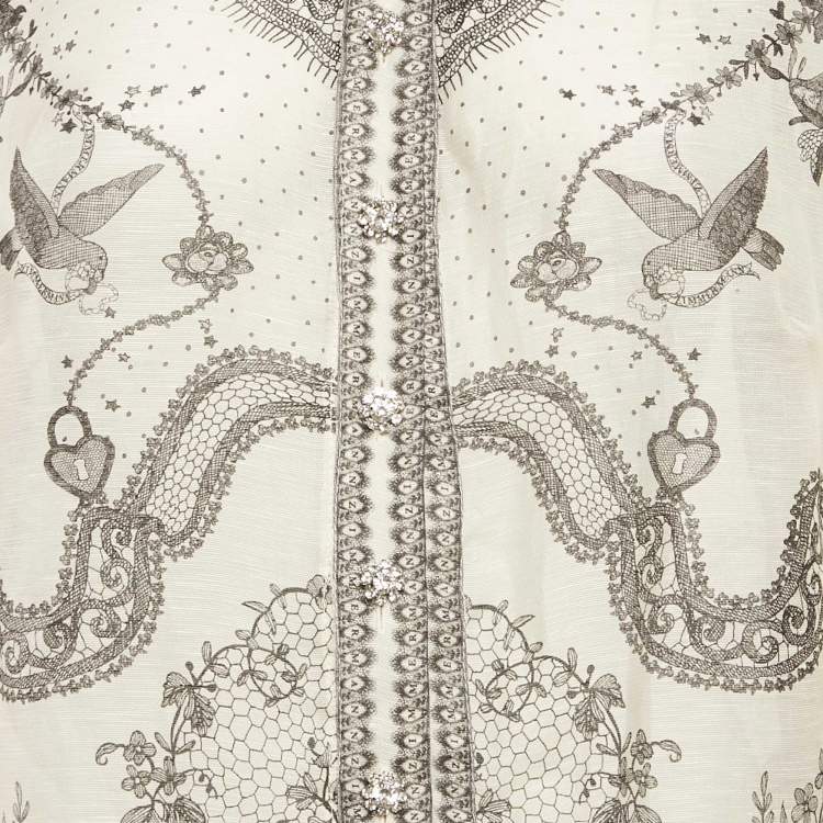 Pre Owned Zimmermann Off-Linen Printed Linen and Silk Button Front Blouse XL