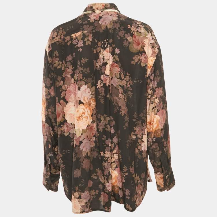 Pre Owned Zimmermann Black Floral Print Silk Neck Tie-Up Button Front Blouse S