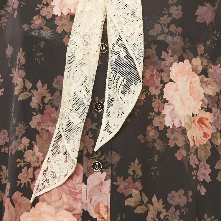 Pre Owned Zimmermann Black Floral Print Silk Neck Tie-Up Button Front Blouse S