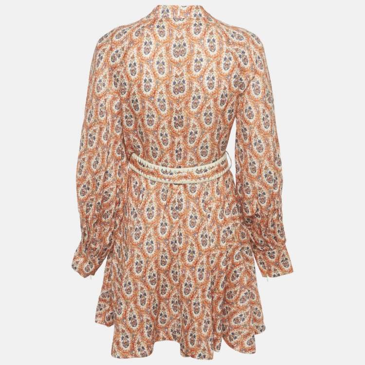 Pre Owned Zimmermann Orange Floral Print Linen Belted Mini Dress M