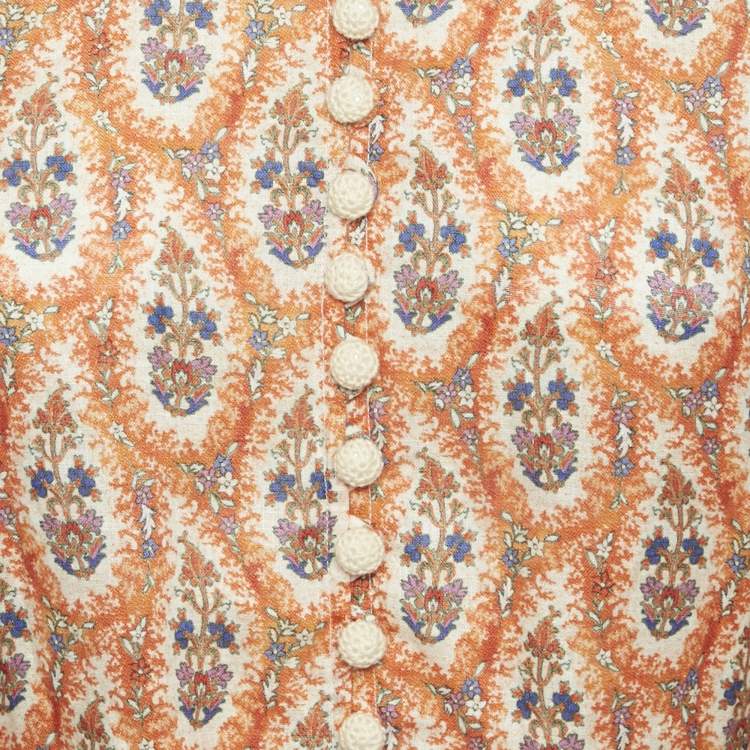 Pre Owned Zimmermann Orange Floral Print Linen Belted Mini Dress M