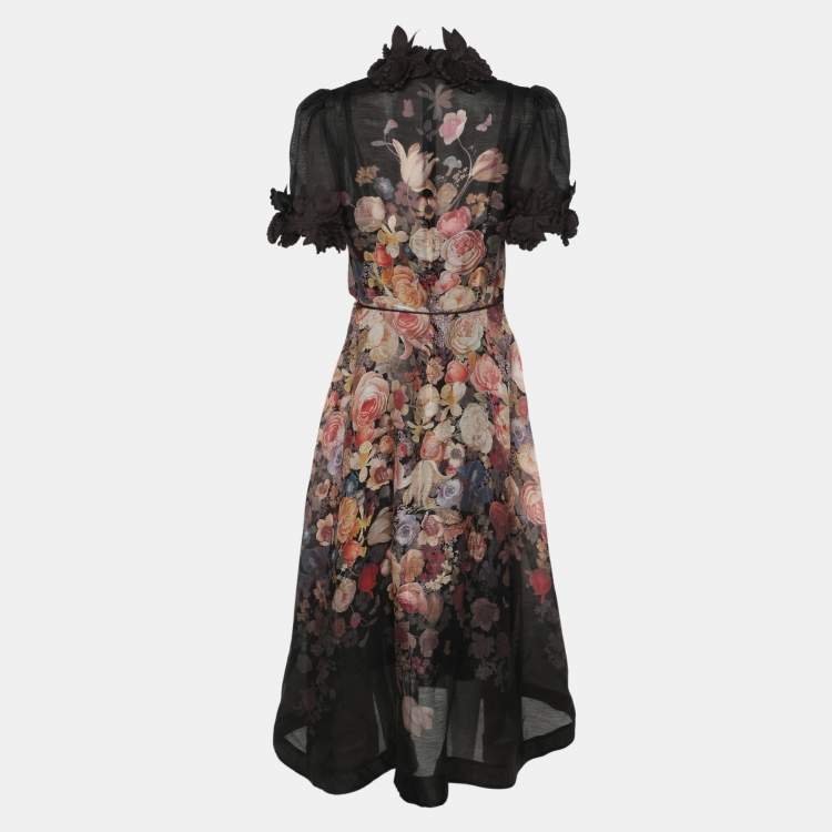Pre Owned Zimmermann Black Linen Silk Luminosity Liftoff Flower Midi Dress M