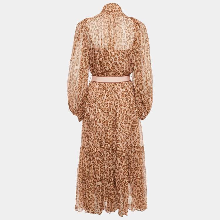 Pre Owned Zimmermann Brown Animal Printed Silk Belted Tempa Midi Dress S