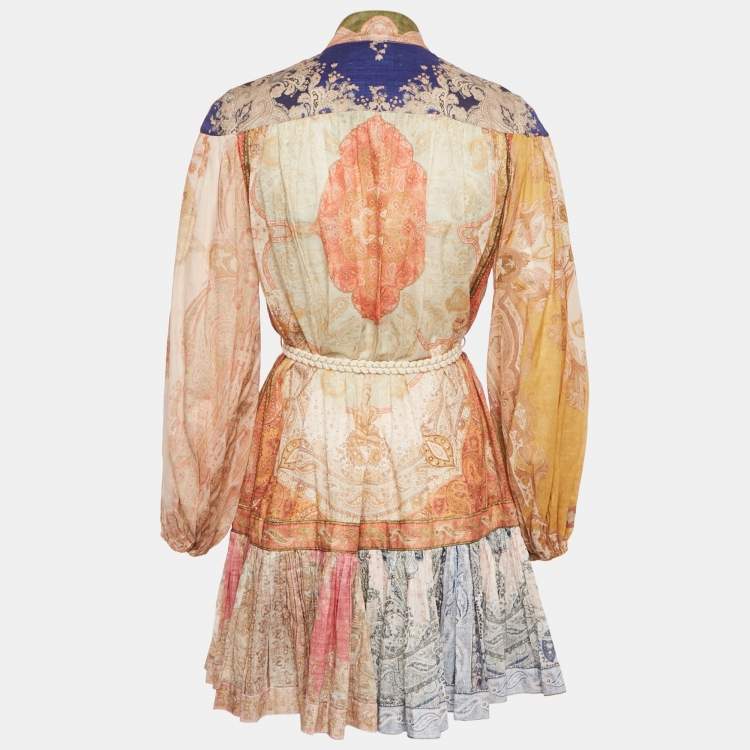 Pre Owned Zimmermann Multicolor Printed Cotton Button Front Belted Flounce Mini Dress S