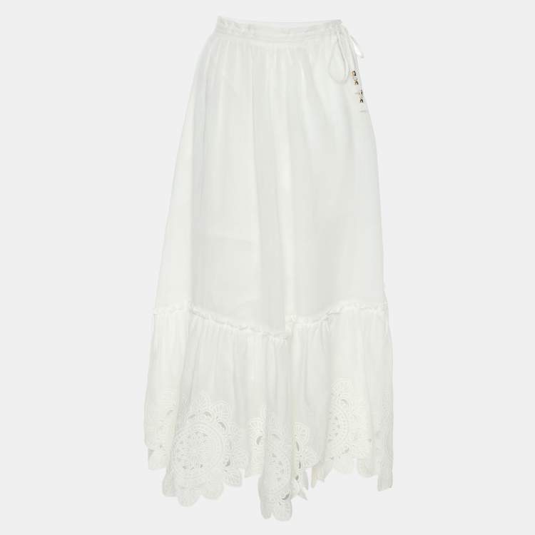 Pre Owned Zimmermann White Ramie Floral Lace Maxi Skirt XS