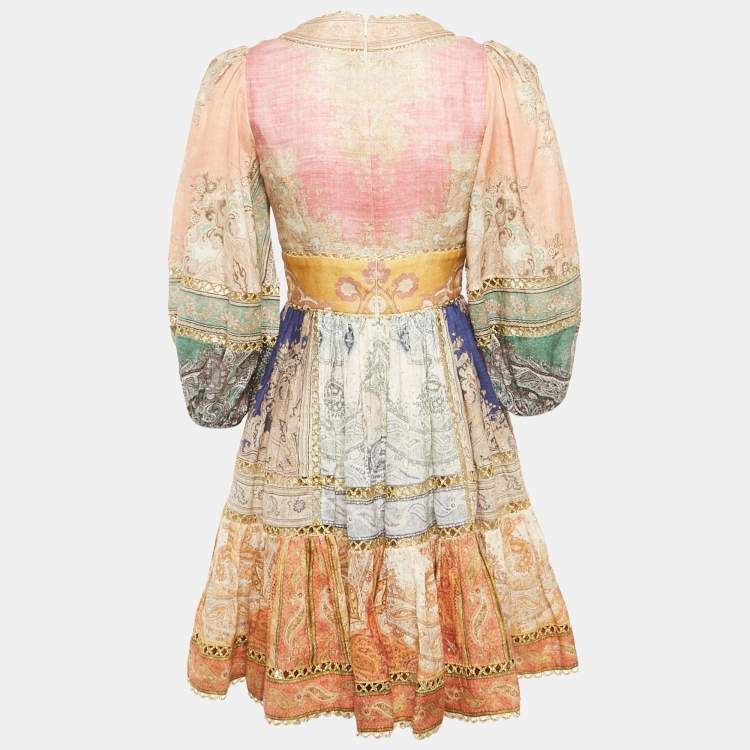مملوكة مسبقًا Zimmermann Multicolor Printed Linen Lace Trimmed Mini Dress S