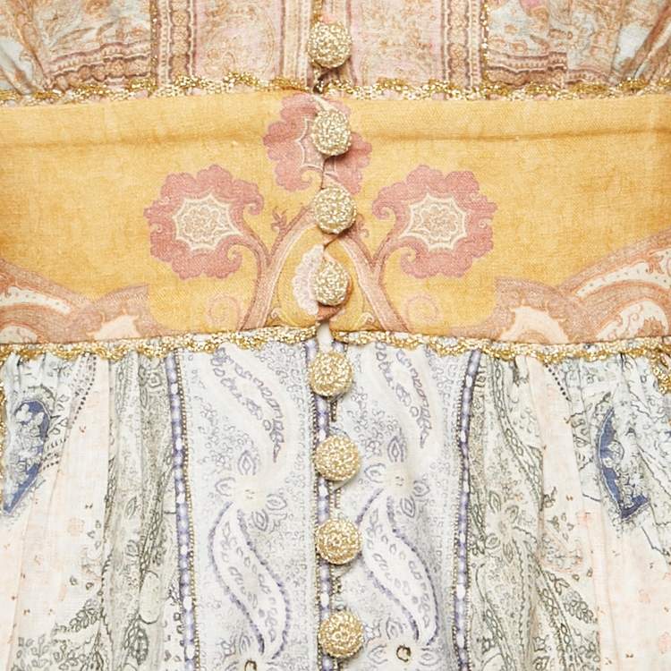 مملوكة مسبقًا Zimmermann Multicolor Printed Linen Lace Trimmed Mini Dress S