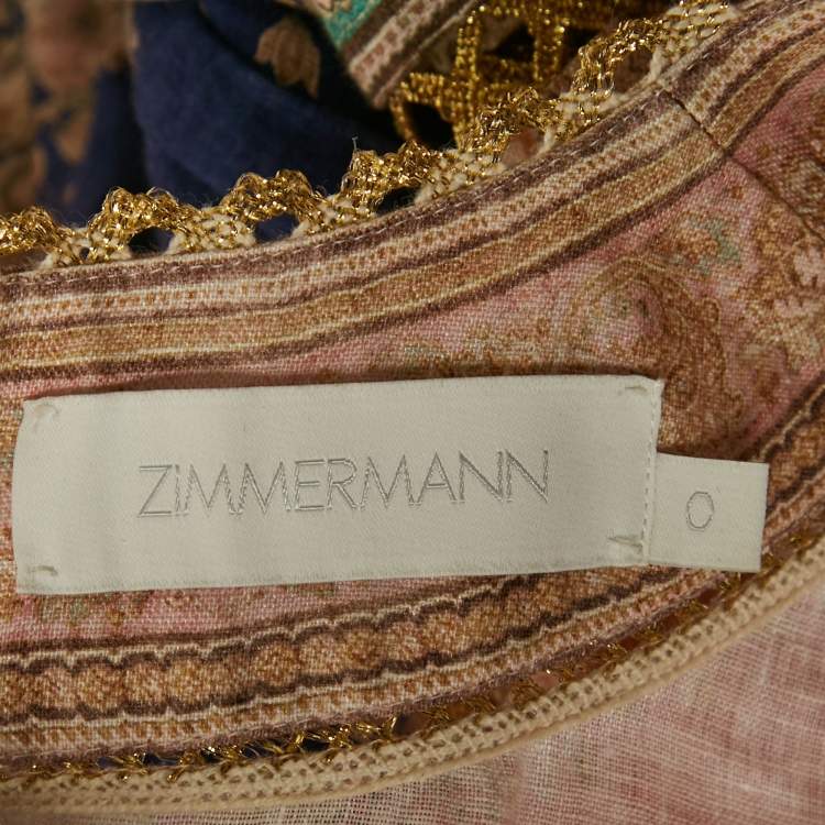 مملوكة مسبقًا Zimmermann Multicolor Printed Linen Lace Trimmed Mini Dress S