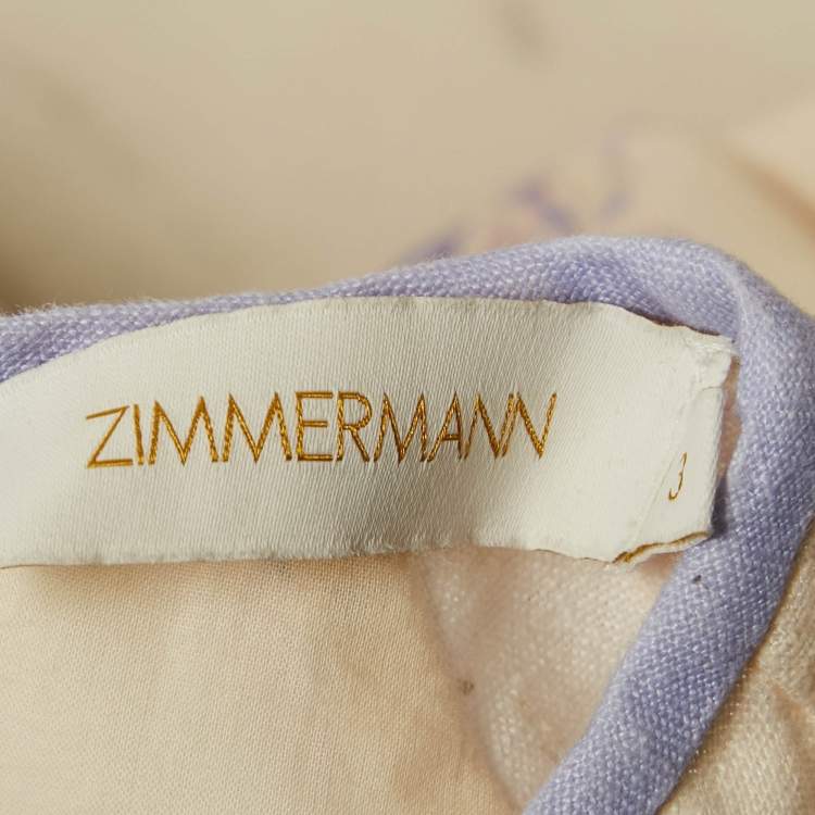 Pre Owned Zimmermann Cream/Purple Floral Print Linen Puff Sleeve Midi Dress L