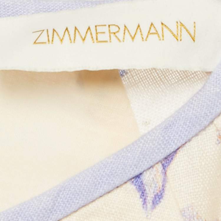 Pre Owned Zimmermann Cream/Purple Floral Print Linen Puff Sleeve Midi Dress L