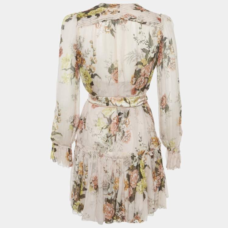 Pre Owned Zimmermann Peach/Pink Floral Print Silk Belted Mini Dress S